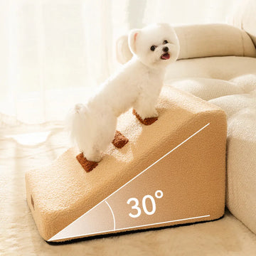 Small dog ramp with size and slope reference beside a sofa or bed