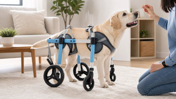 Dog taking first steps indoors in a Pawsbetter-style full-support wheelchair