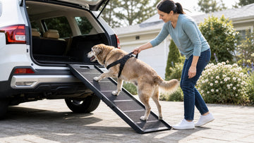 Caregiver guiding a senior dog up a vehicle ramp into an SUV