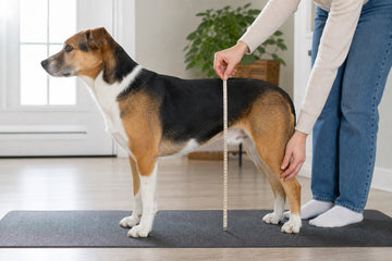 Owner measuring a standing dog's back height for a wheelchair