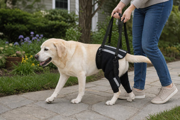 Senior dog walking with rear support from a Pawsbetter lift harness