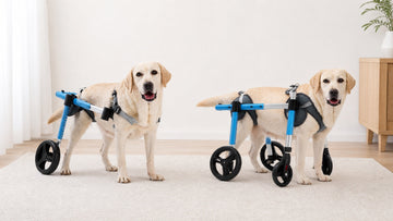 Side-by-side comparison of a Pawsbetter rear-support wheelchair and full-support wheelchair