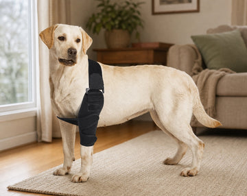 Dog standing at home while wearing a location-specific front leg support