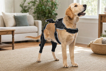 Golden retriever wearing a bilateral adjustable knee brace on a nonslip rug at home