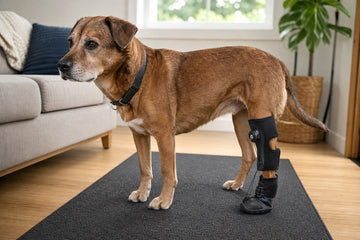 Senior dog wearing an adjustable knuckling brace while standing on a nonslip runner at home