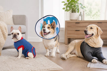 Dogs wearing a recovery suit, E-collar, and front-leg anti-lick sleeves in a bright home