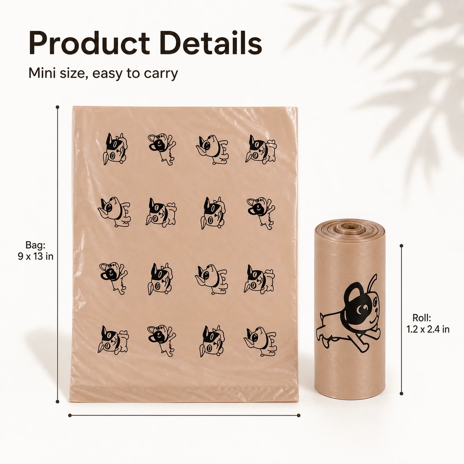 Coffee-scented biodegradable dog poop bags for daily dog walks, product details and size guide