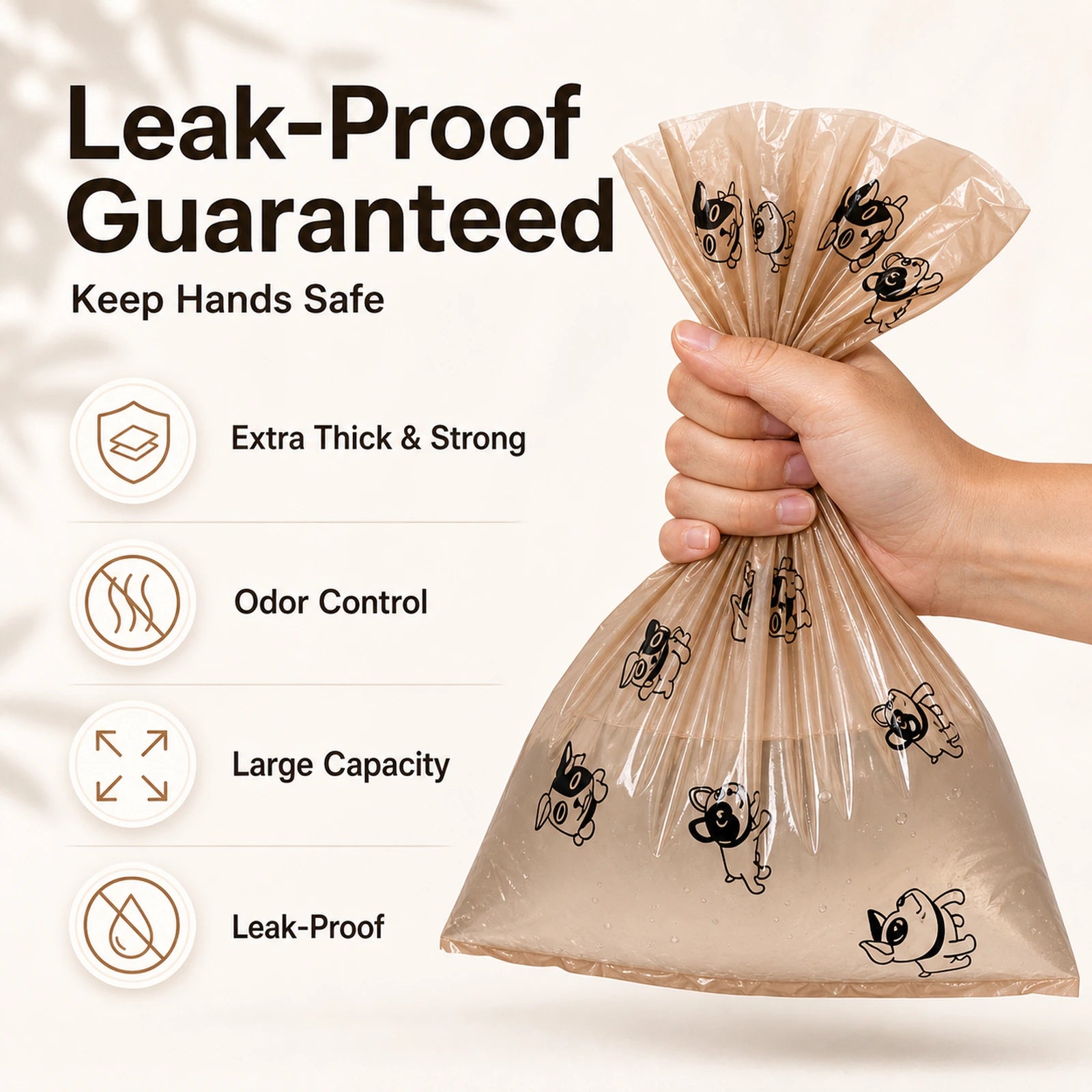 Coffee-scented biodegradable dog poop bags for daily dog walks, leak-proof bag strength feature