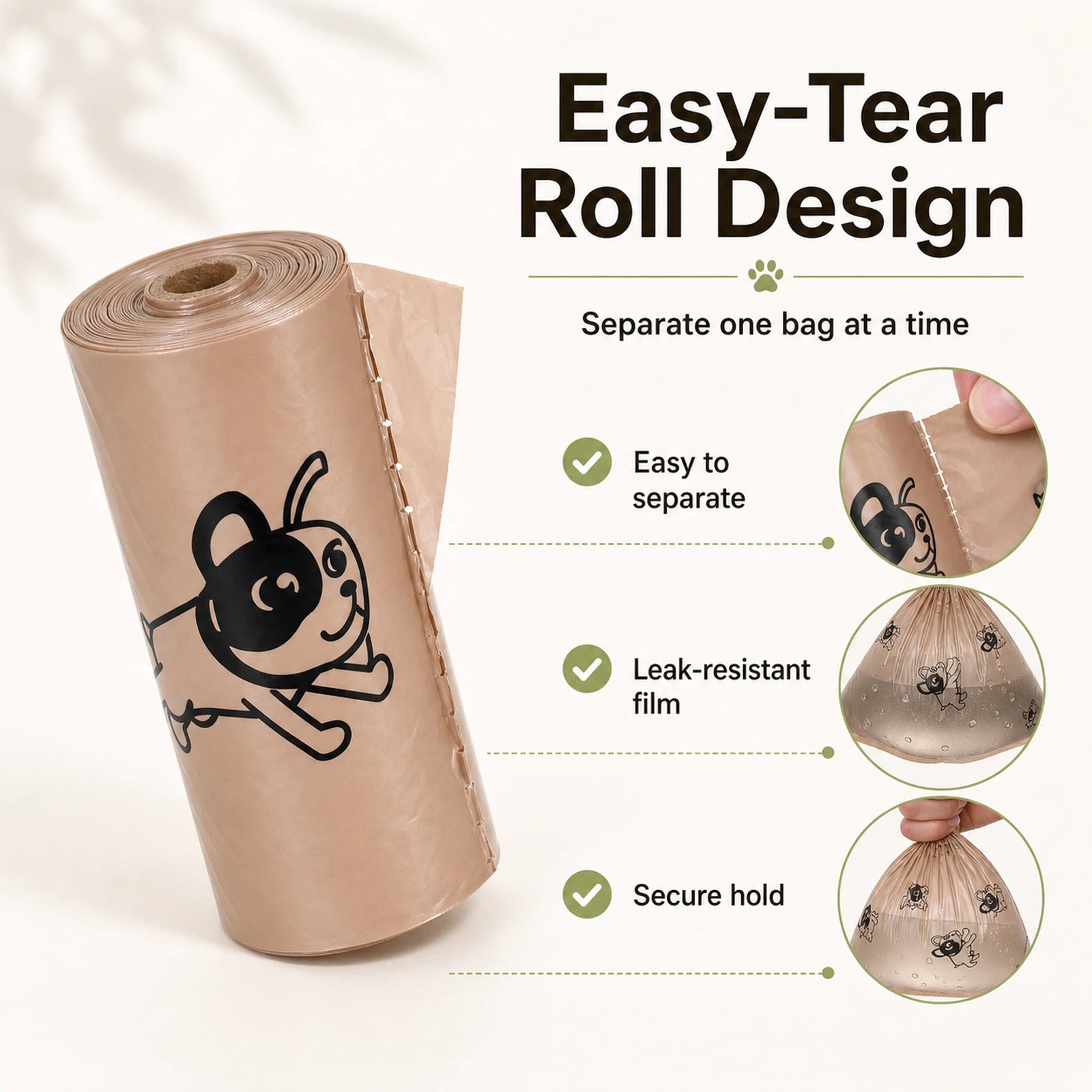 Coffee-scented biodegradable dog poop bags for daily dog walks, easy-tear roll feature