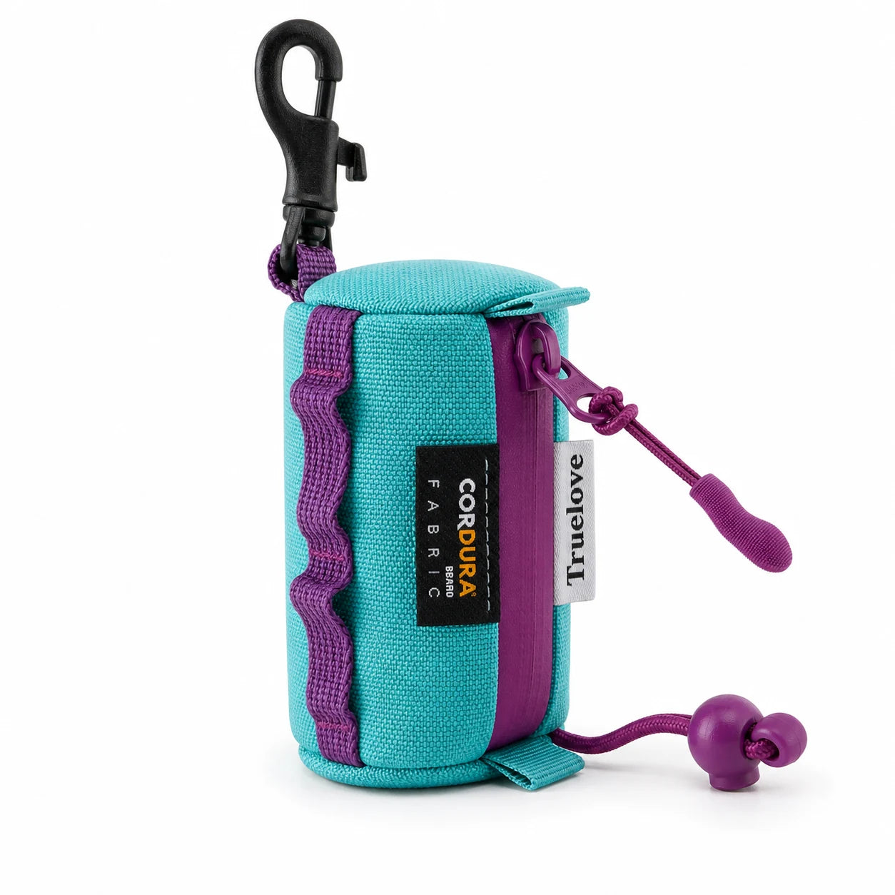 Pawsbetter Keychain Dog Waste Bag Holder, compact clip-on poop bag holder for dog walks, sku teal purple poop bag holder white bg