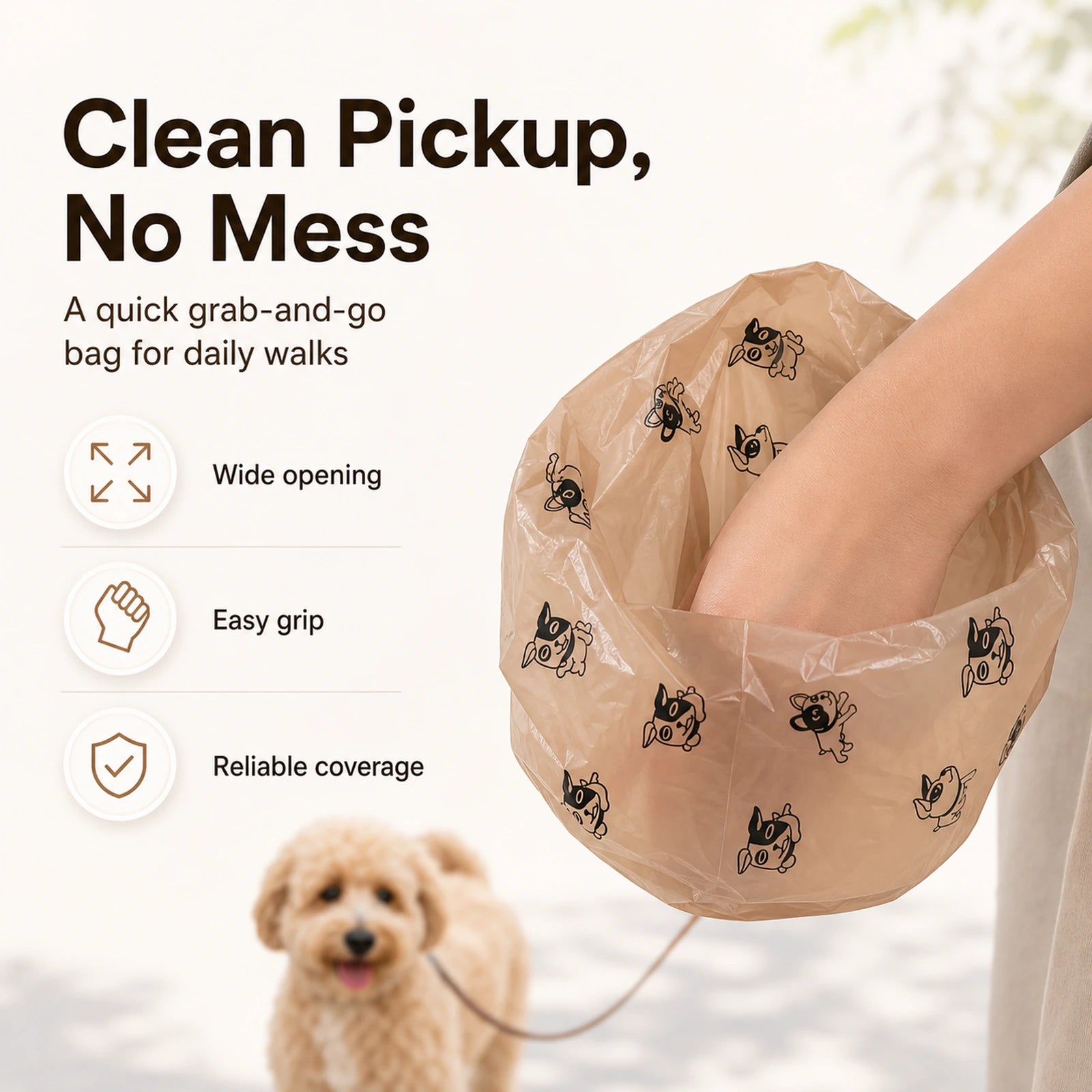 Coffee-scented biodegradable dog poop bags for daily dog walks, clean pickup usage feature