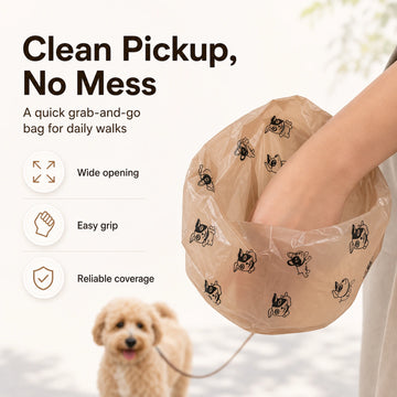 Coffee-scented biodegradable dog poop bags for daily dog walks, clean pickup usage feature
