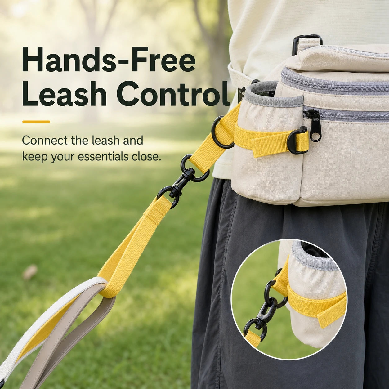 Pawsbetter Leash-Ready Dog Walking Waist Bag, hands-free waist bag with divided storage for dog walks, hands free leash control feature detail