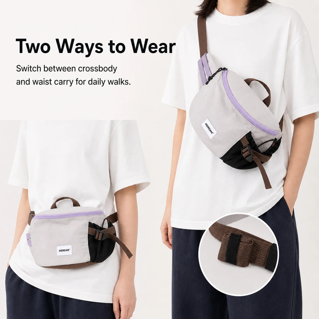 Pawsbetter Everyday Dog Walking Crossbody Bag, lightweight crossbody walking bag with divided storage, two ways to wear feature detail