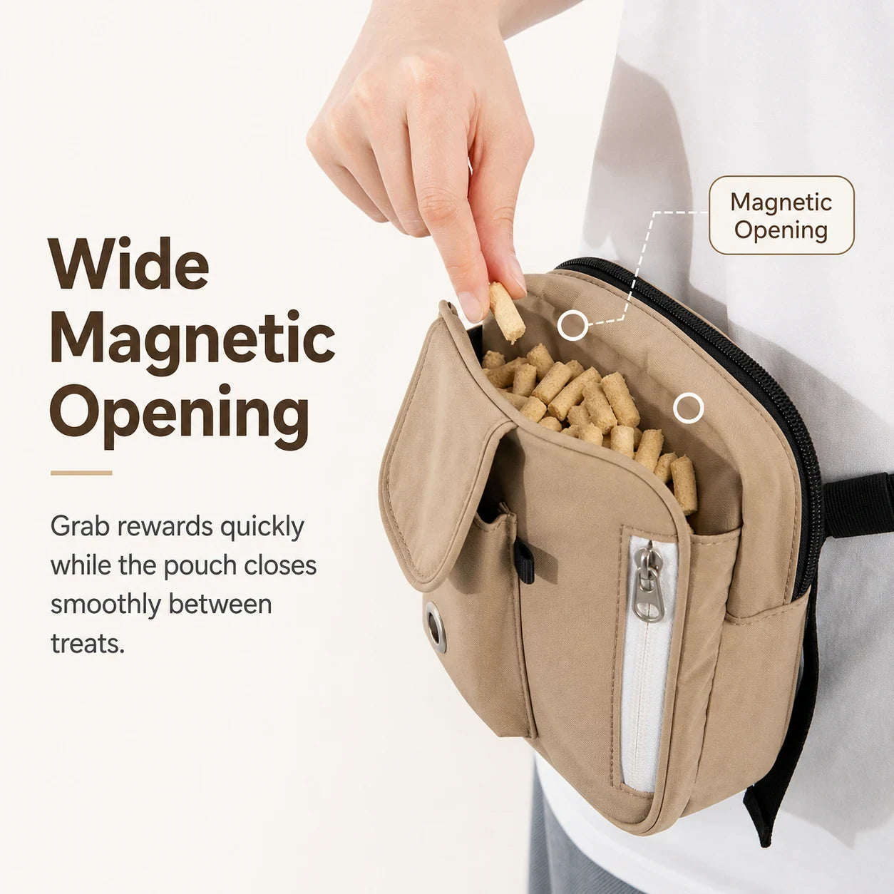 Pawsbetter Multi-Pocket Dog Training Treat Pouch, organized treat pouch with magnetic opening for dog training, wide magnetic opening feature detail