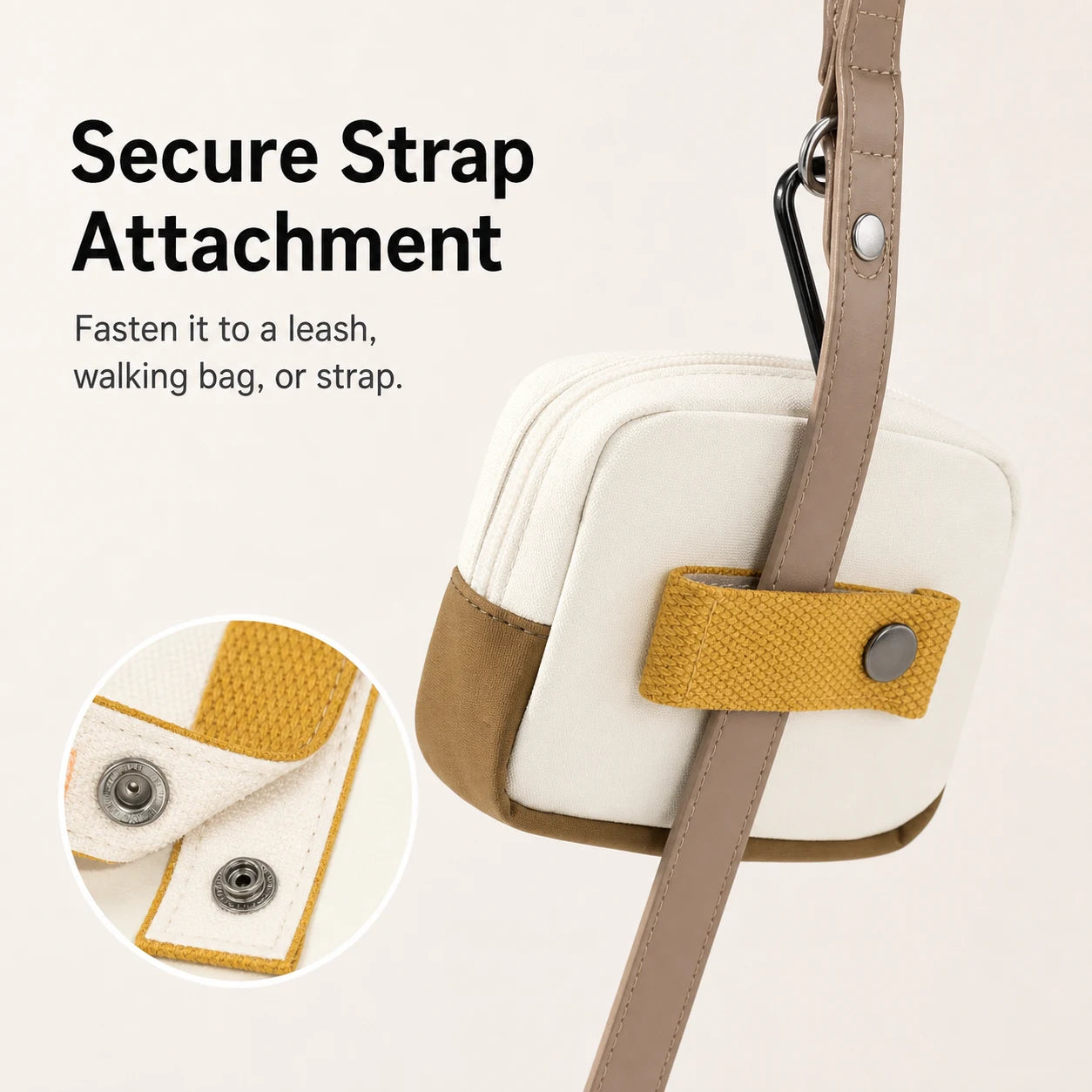 Pawsbetter Clip-On Dog Waste Bag Holder, compact square poop bag holder for leashes and walking bags, secure strap attachment feature detail