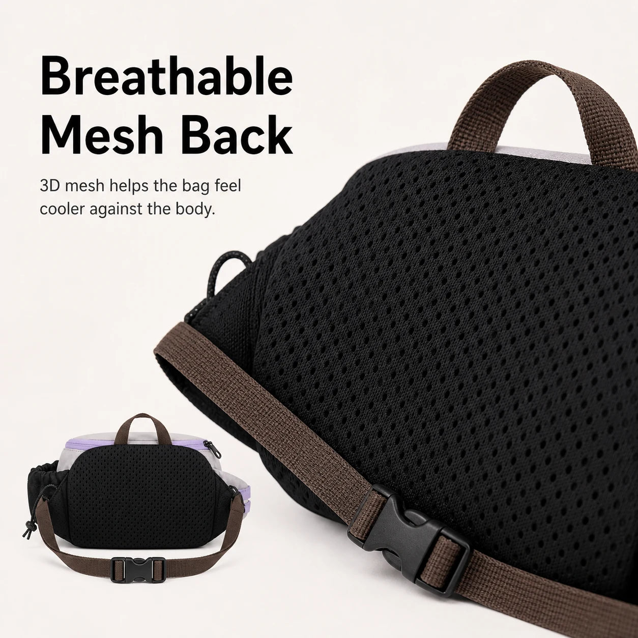 Pawsbetter Everyday Dog Walking Crossbody Bag, lightweight crossbody walking bag with divided storage, breathable mesh back feature detail