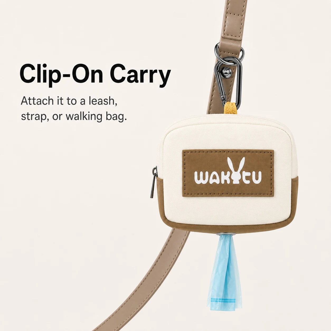 Pawsbetter Clip-On Dog Waste Bag Holder, compact square poop bag holder for leashes and walking bags, clip on carry feature detail