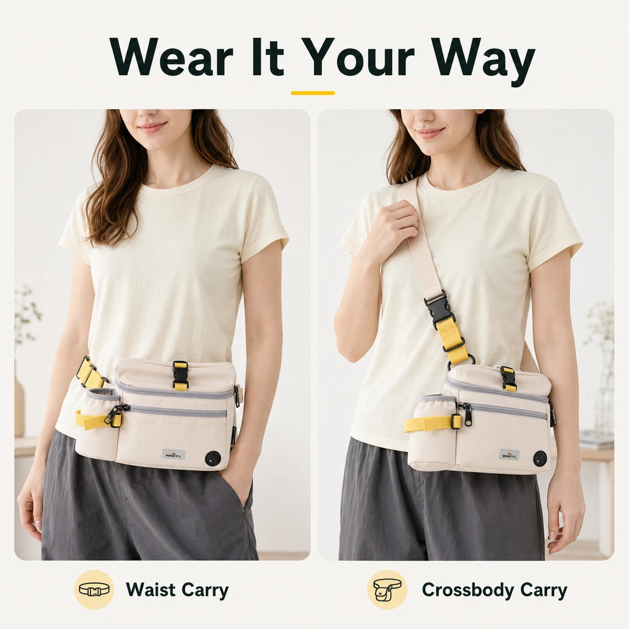 Pawsbetter Leash-Ready Dog Walking Waist Bag, hands-free waist bag with divided storage for dog walks, wear it your way feature detail