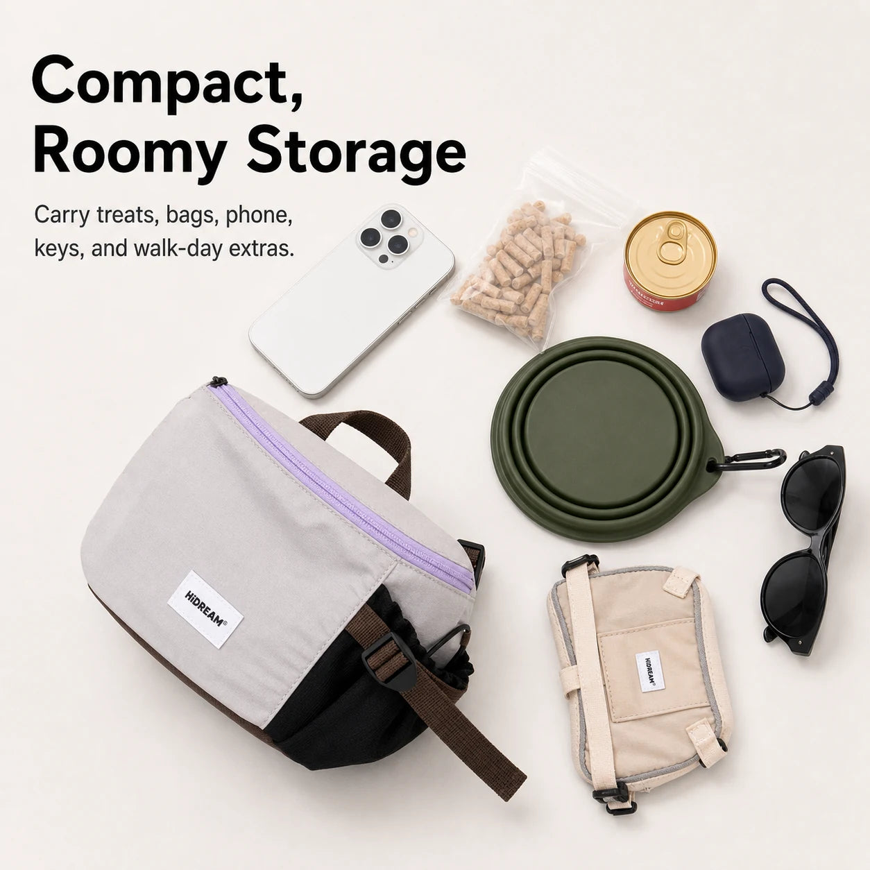 Pawsbetter Everyday Dog Walking Crossbody Bag, lightweight crossbody walking bag with divided storage, compact roomy storage feature detail