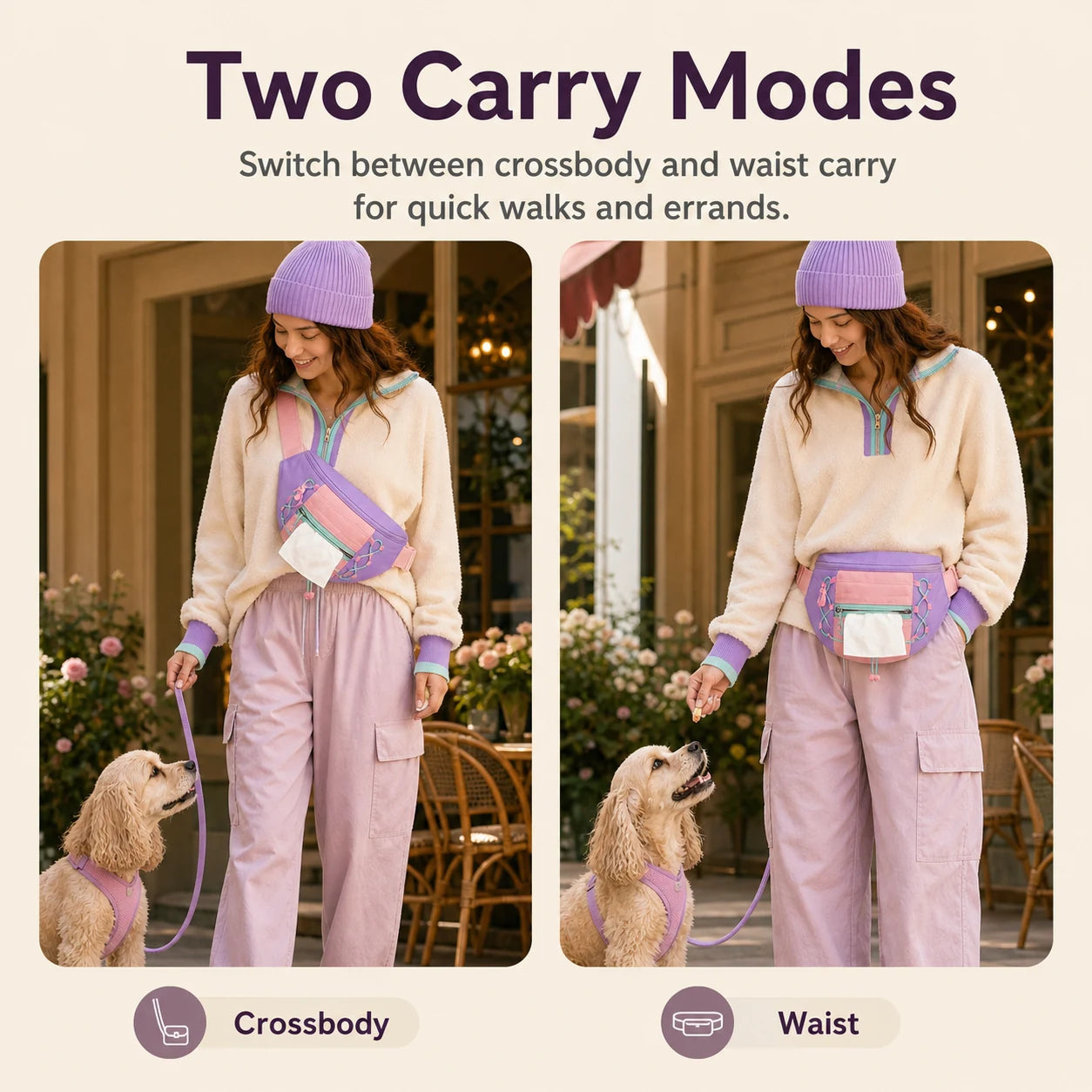 Pawsbetter Magnetic-Closure Dog Walking Bag, compact treat and essentials bag for dog walks, two carry modes feature detail