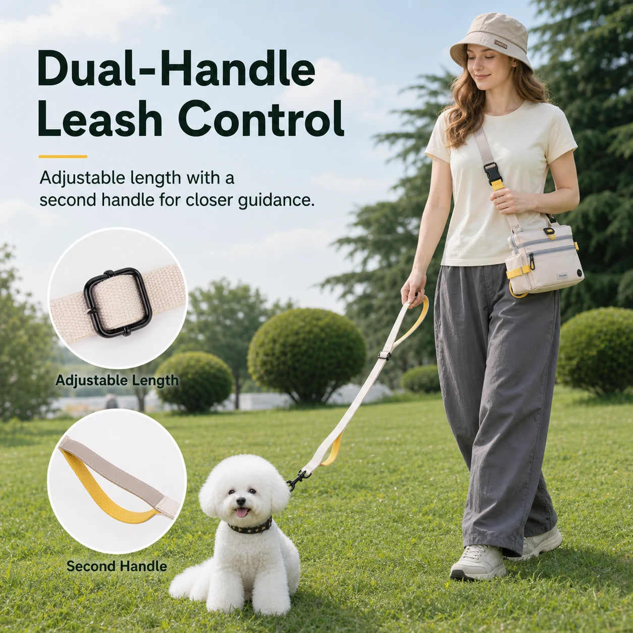 Pawsbetter Leash-Ready Dog Walking Waist Bag, hands-free waist bag with divided storage for dog walks, dual handle leash control feature detail