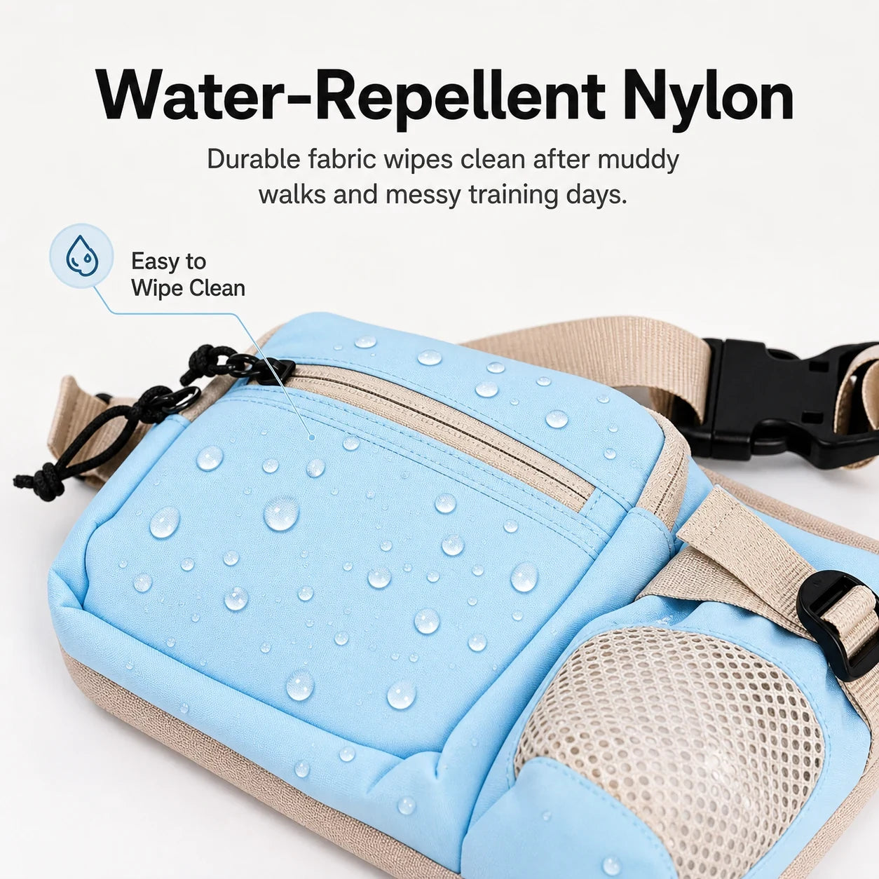 Pawsbetter Leash-Ready Dog Training Waist Bag, lightweight waist bag with bottle holder and divided storage for dog training, water repellent nylon feature detail