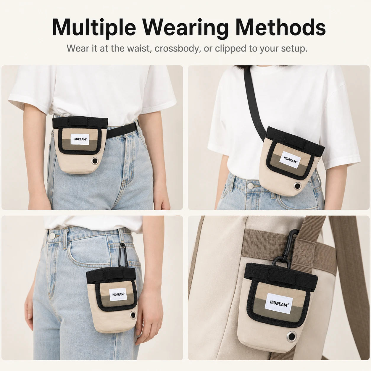 Pawsbetter Compact Dog Training Waist Bag, small treat pouch with quick front opening for dog training, multiple wearing methods feature detail