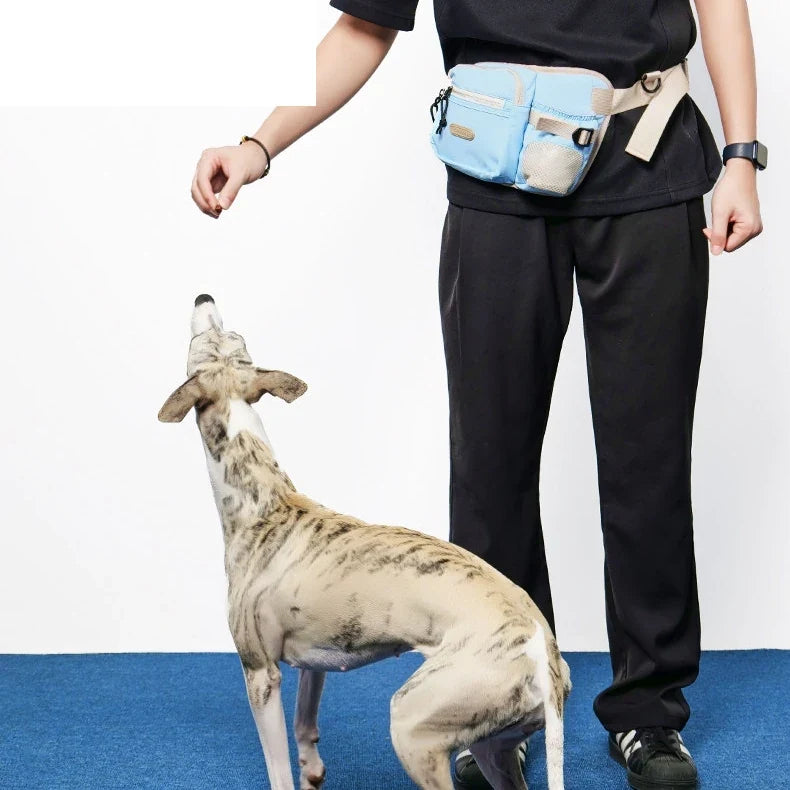 Pawsbetter Leash-Ready Dog Training Waist Bag, lightweight waist bag with bottle holder and divided storage for dog training, lifestyle model training interaction
