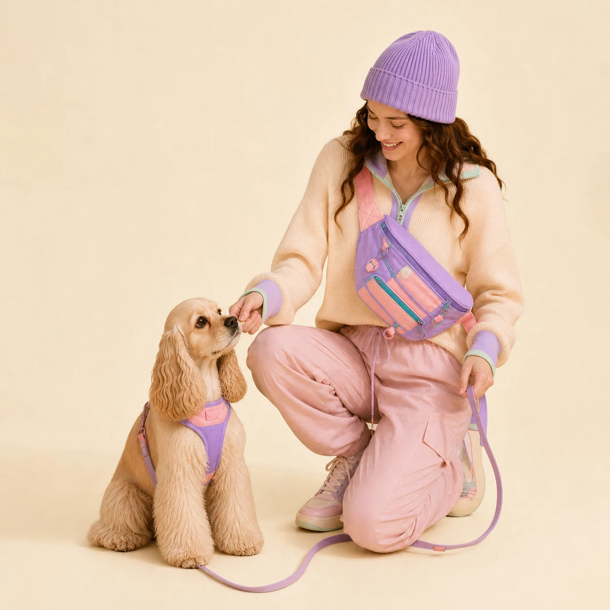 Pawsbetter Magnetic-Closure Dog Walking Bag, compact treat and essentials bag for dog walks, pastel reward training spaniel