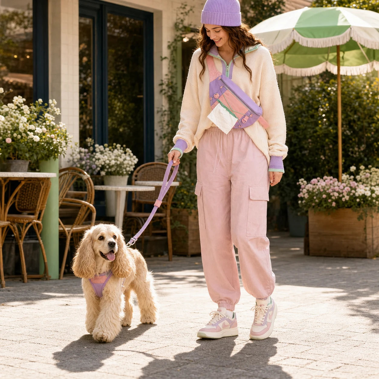 Pawsbetter Magnetic-Closure Dog Walking Bag, compact treat and essentials bag for dog walks, outdoor walk pastel spaniel