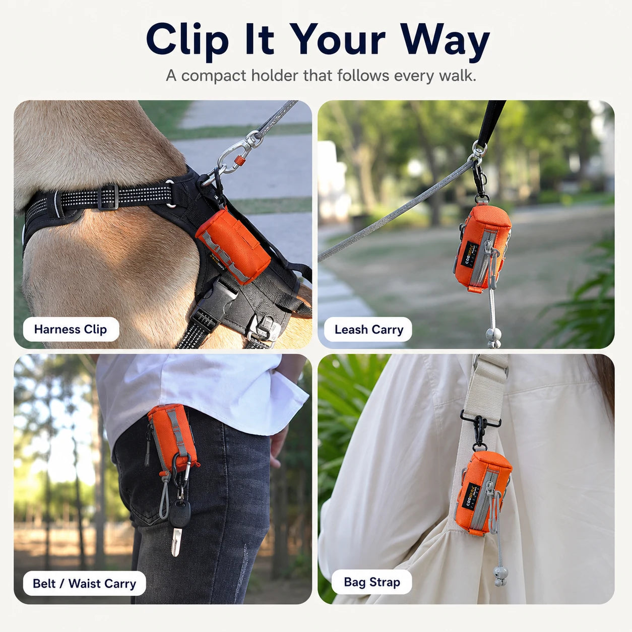 Pawsbetter Keychain Dog Waste Bag Holder, compact clip-on poop bag holder for dog walks, clip it your way carry methods feature detail