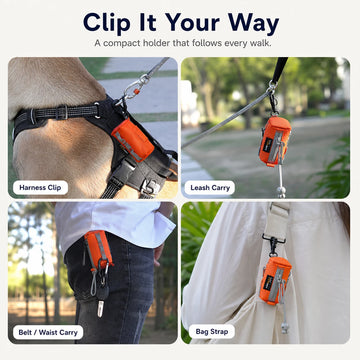 Pawsbetter Keychain Dog Waste Bag Holder, compact clip-on poop bag holder for dog walks, clip it your way carry methods feature detail