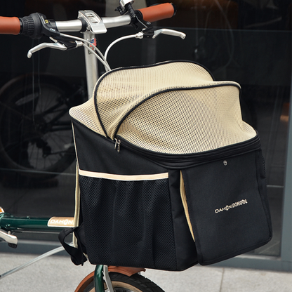 A bicycle equipped with a front dog basket