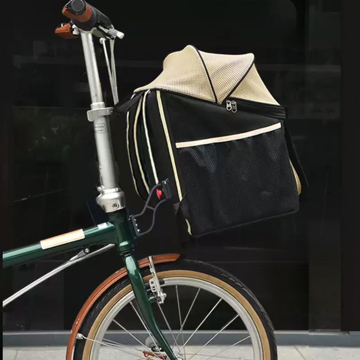 A bicycle equipped with a front dog bike carrier