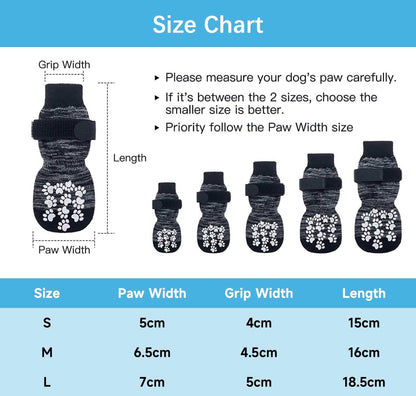 Size chart for dog non-slip socks