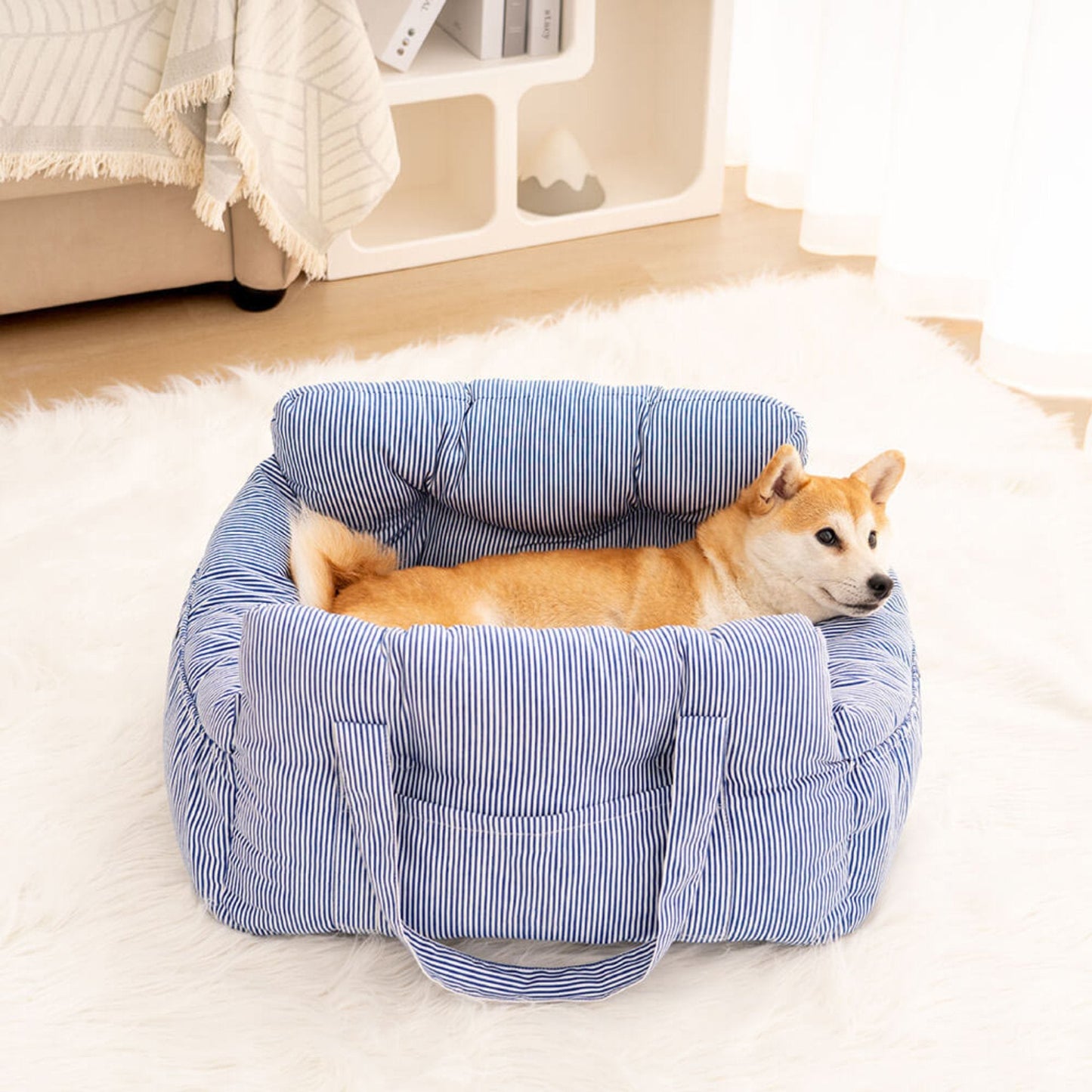 dog resting in small dog car seat on floor