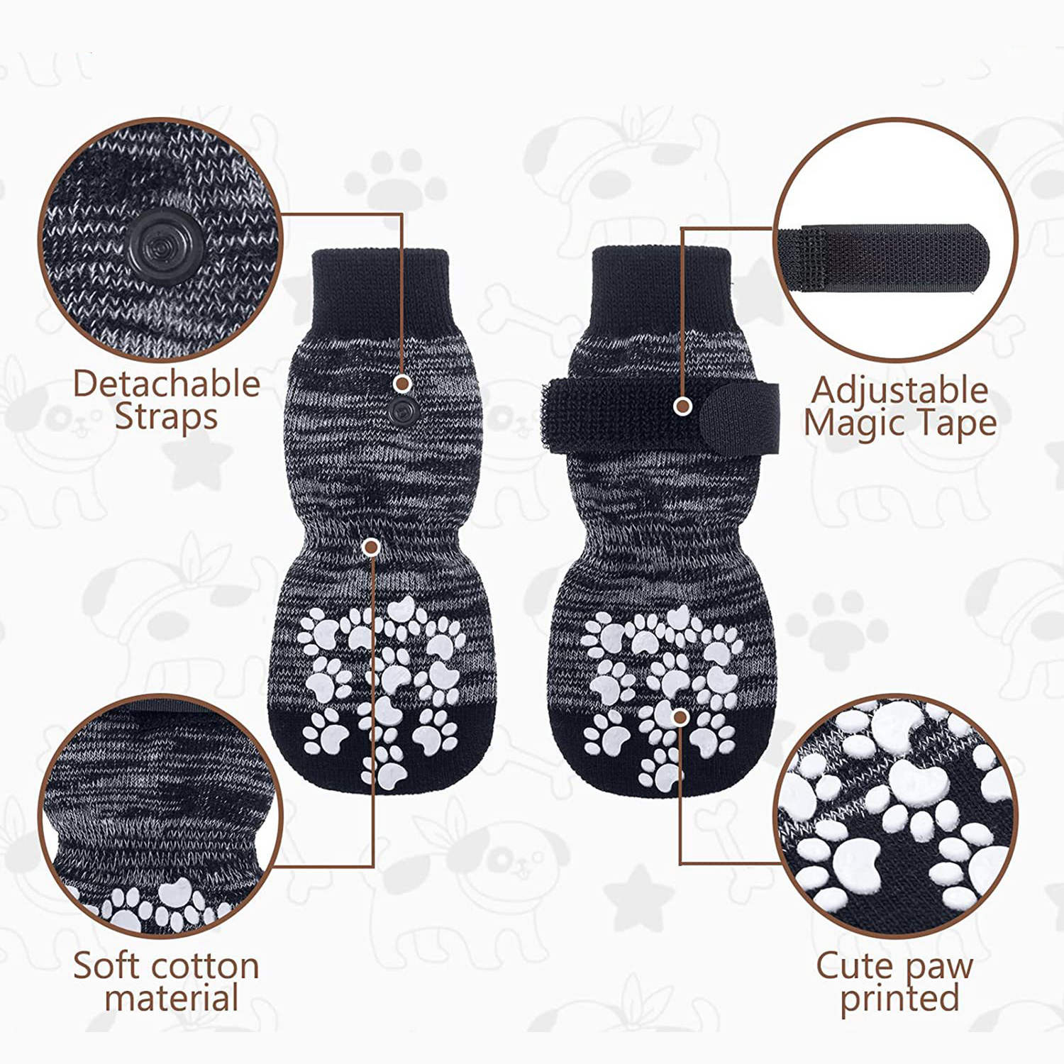 black dog non-slip socks with white dog paw prints