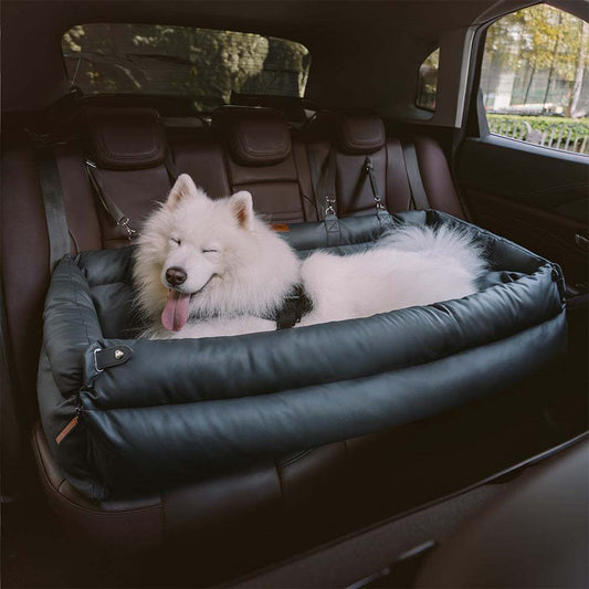 Large Leather Dog Car Seat Blue with Samoyed Inside